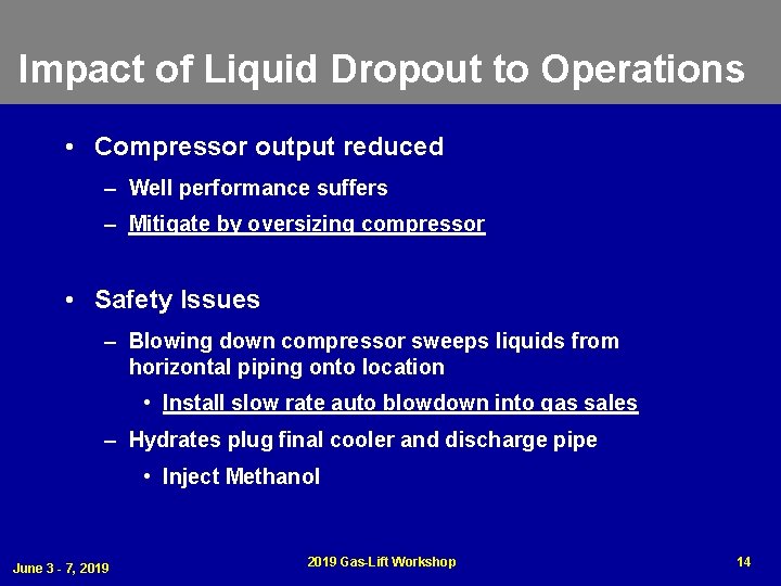 Impact of Liquid Dropout to Operations • Compressor output reduced – Well performance suffers