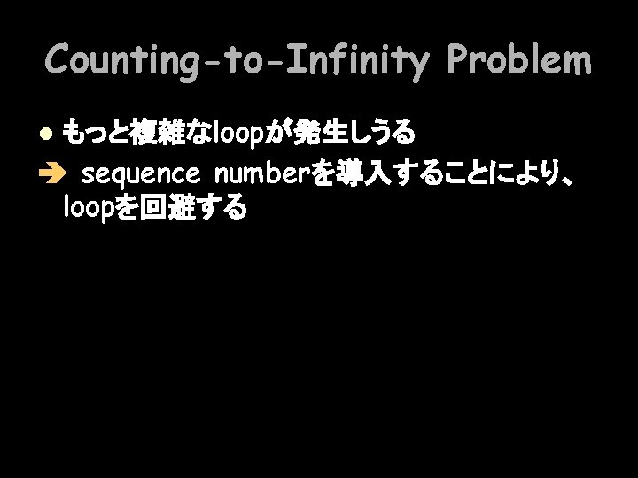 Counting-to-Infinity Problem もっと複雑なloopが発生しうる sequence numberを導入することにより、 loopを回避する l 