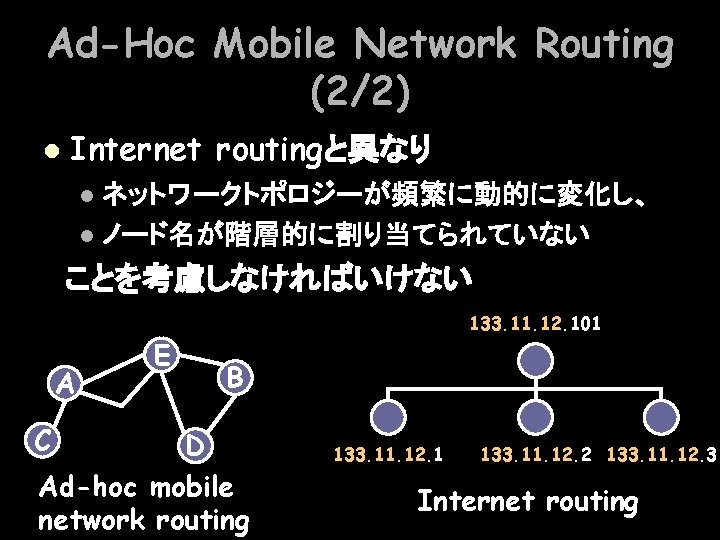 Ad-Hoc Mobile Network Routing (2/2) l Internet routingと異なり ネットワークトポロジーが頻繁に動的に変化し、 l ノード名が階層的に割り当てられていない l ことを考慮しなければいけない A