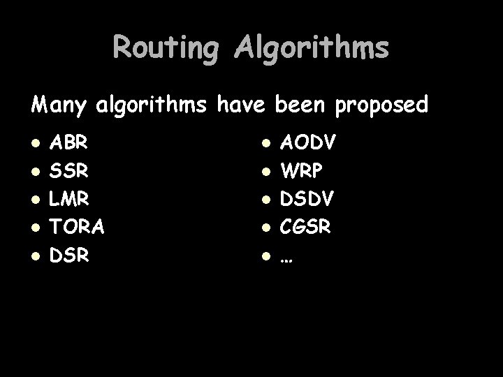 Routing Algorithms Many algorithms have been proposed l l l ABR SSR LMR TORA