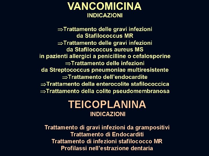 TEICOPLANINA INDICAZIONI Trattamento di gravi infezioni da grampositivi Trattamento di Endocarditi Trattamento di infezioni