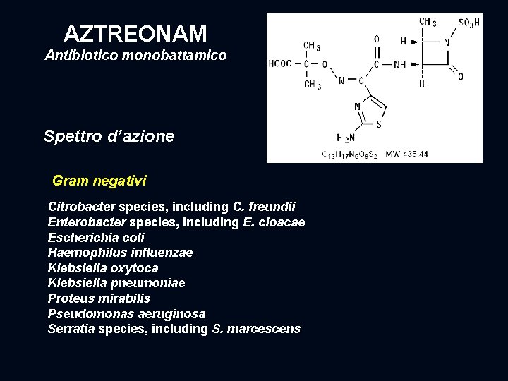 AZTREONAM Antibiotico monobattamico Spettro d’azione Gram negativi Citrobacter species, including C. freundii Enterobacter species,