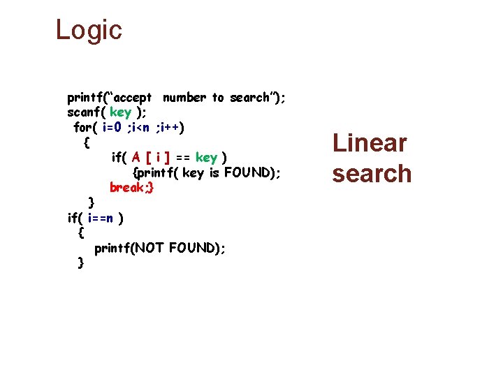 Logic printf(“accept number to search”); scanf( key ); for( i=0 ; i<n ; i++)