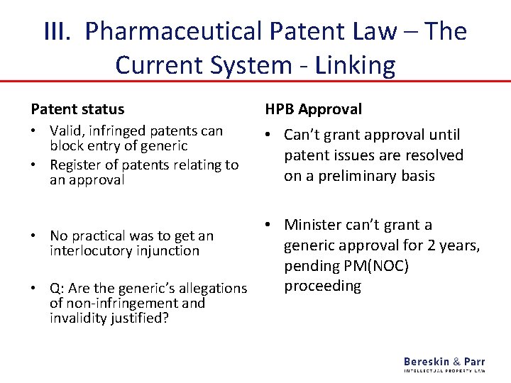 III. Pharmaceutical Patent Law – The Current System - Linking Patent status HPB Approval