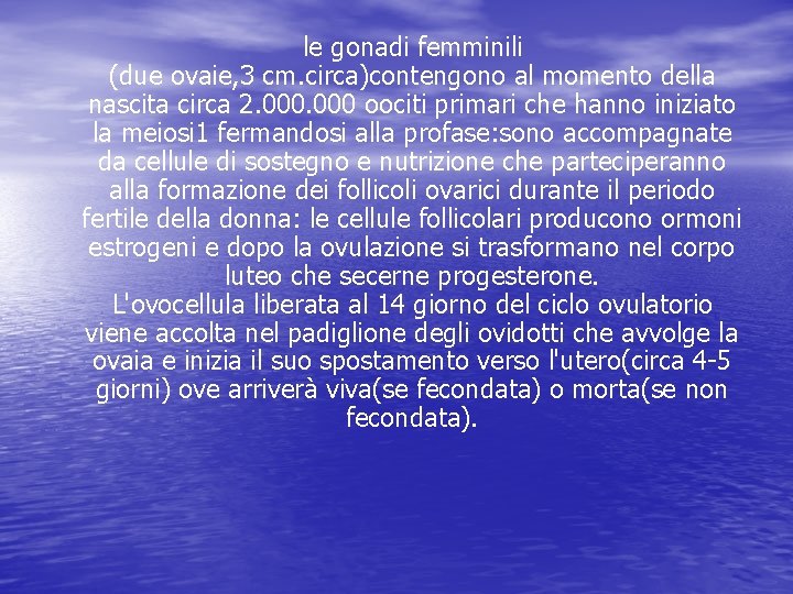 le gonadi femminili (due ovaie, 3 cm. circa)contengono al momento della nascita circa 2.