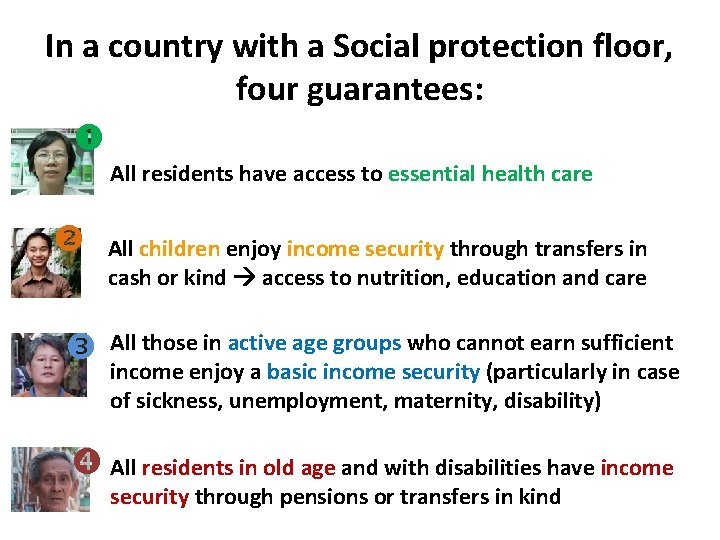 In a country with a Social protection floor, four guarantees: All residents have access