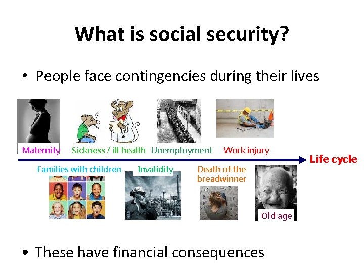 What is social security? • People face contingencies during their lives Maternity Sickness /