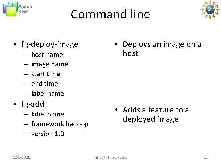 Future Grid Command line • fg-deploy-image – – – host name image name start