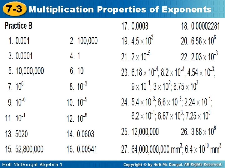 7 -3 Multiplication Properties of Exponents Holt Mc. Dougal Algebra 1 