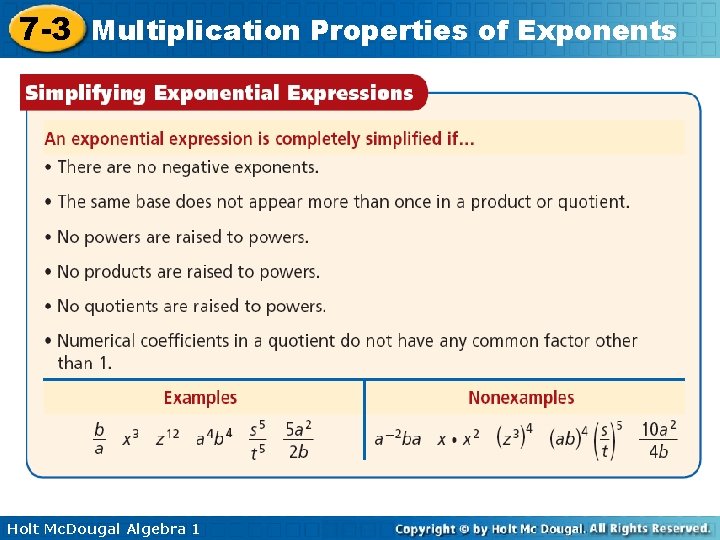 7 -3 Multiplication Properties of Exponents Holt Mc. Dougal Algebra 1 