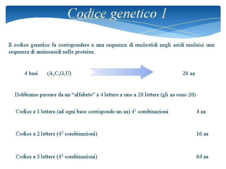 Codice genetico 1 Il codice genetico fa corrispondere a una sequenza di nucleotidi negli