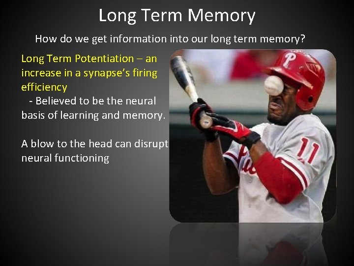 Long Term Memory How do we get information into our long term memory? Long