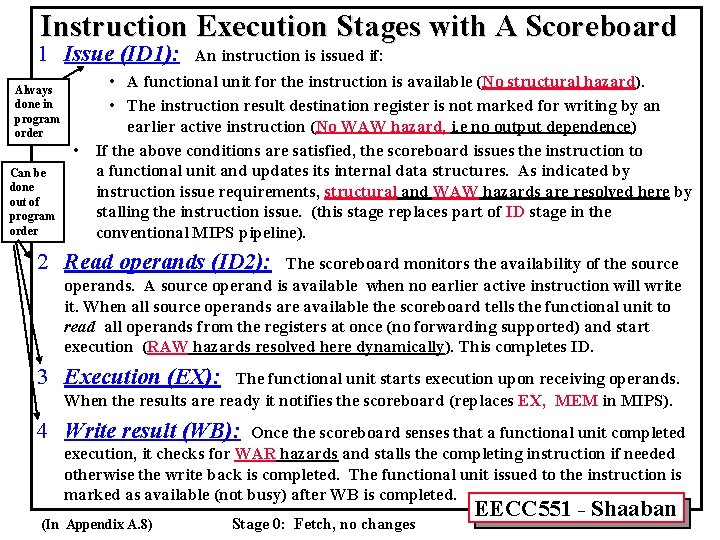 Instruction Execution Stages with A Scoreboard 1 Issue (ID 1): Always done in program