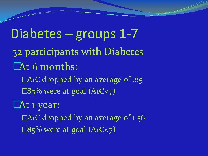 Diabetes – groups 1 -7 32 participants with Diabetes �At 6 months: �A 1