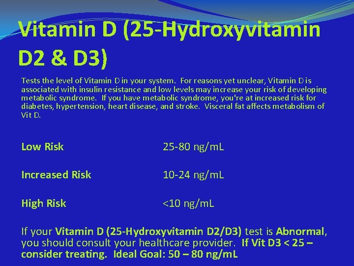 Vitamin D (25 -Hydroxyvitamin D 2 & D 3) Tests the level of Vitamin