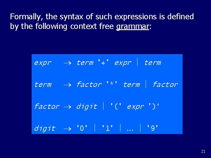 Formally, the syntax of such expressions is defined by the following context free grammar: