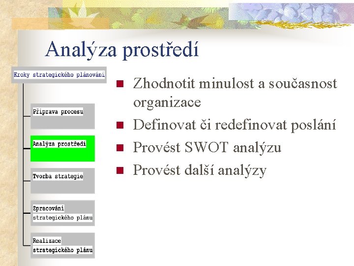 Analýza prostředí n n Zhodnotit minulost a současnost organizace Definovat či redefinovat poslání Provést