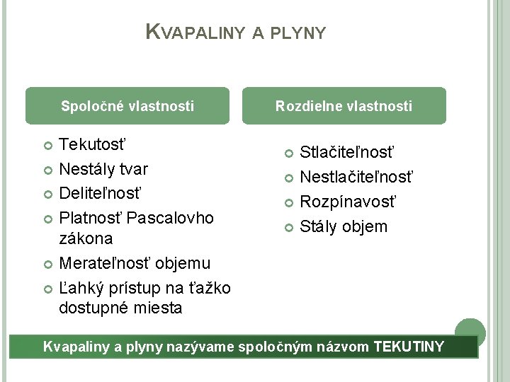 KVAPALINY A PLYNY Spoločné vlastnosti Tekutosť Nestály tvar Deliteľnosť Platnosť Pascalovho zákona Merateľnosť objemu