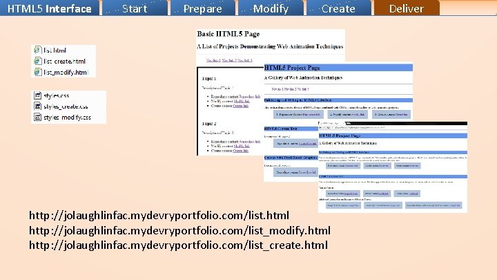 HTML 5 Interface Start Prepare Modify Create http: //jolaughlinfac. mydevryportfolio. com/list. html http: //jolaughlinfac.