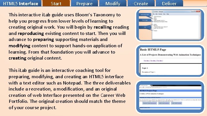 HTML 5 Interface Start Prepare Modify This interactive i. Lab guide uses Bloom’s Taxonomy