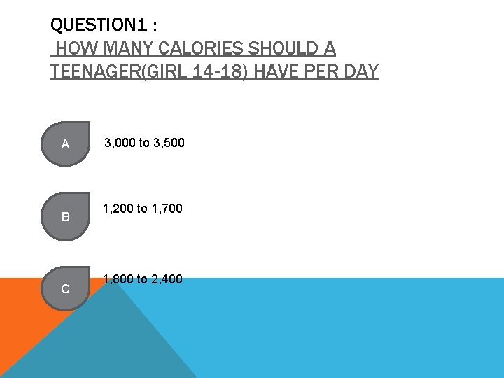 QUESTION 1 : HOW MANY CALORIES SHOULD A TEENAGER(GIRL 14 -18) HAVE PER DAY