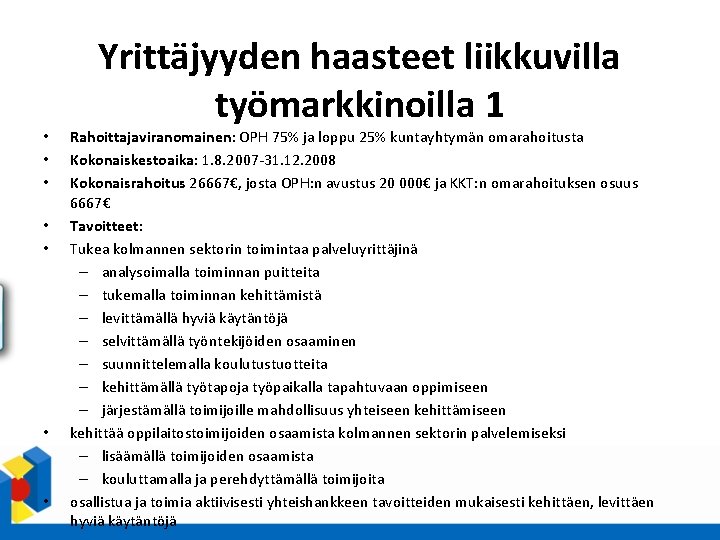  • • Yrittäjyyden haasteet liikkuvilla työmarkkinoilla 1 Rahoittajaviranomainen: OPH 75% ja loppu 25%