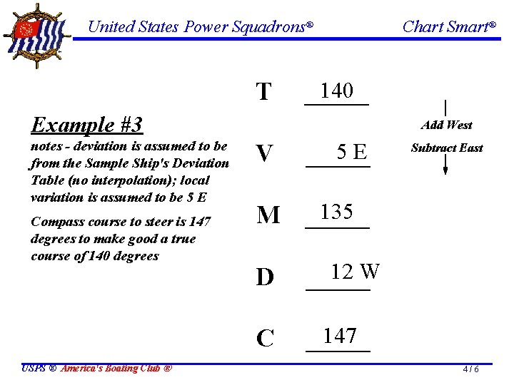 United States Power Squadrons® T 140 _____ Example #3 notes - deviation is assumed