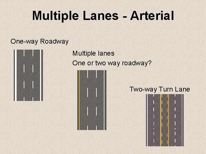 Multiple Lanes - Arterial One-way Roadway Multiple lanes One or two way roadway? Two-way