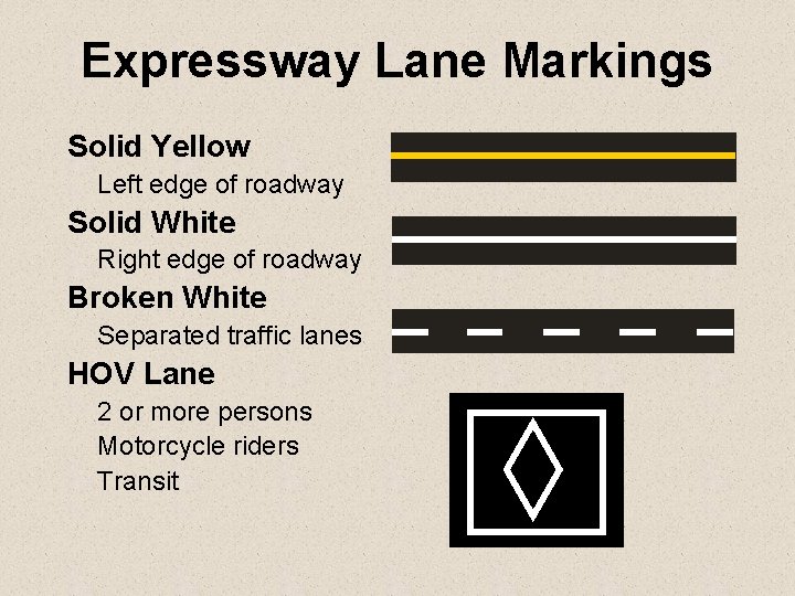 Expressway Lane Markings Solid Yellow Left edge of roadway Solid White Right edge of