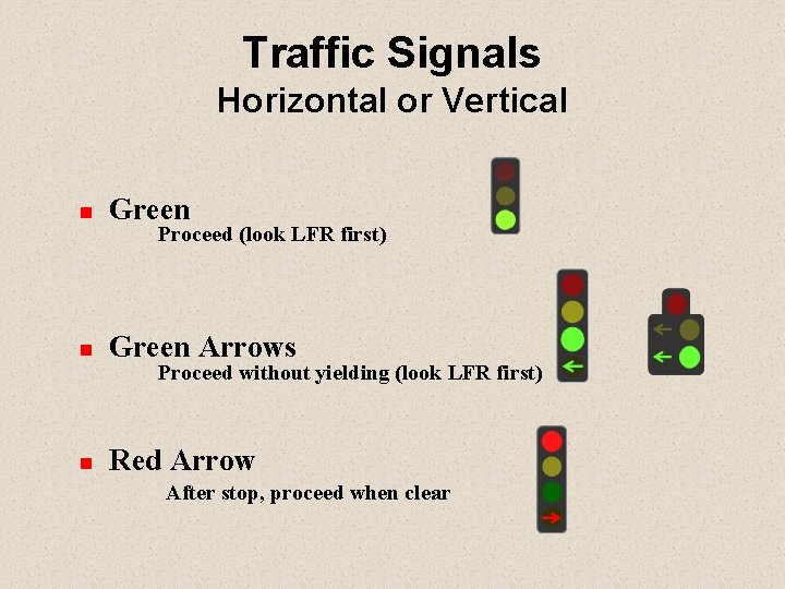 Traffic Signals Horizontal or Vertical n Green Arrows n Red Arrow Proceed (look LFR