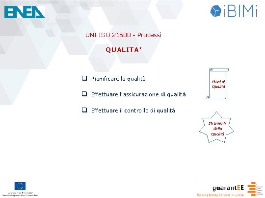 UNI ISO 21500 - Processi QUALITA’ q Pianificare la qualità Piani di Qualità q