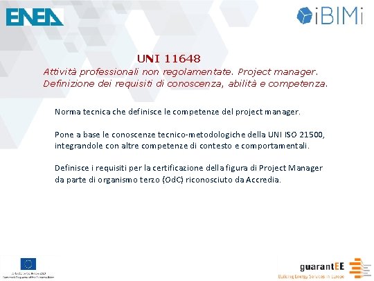 UNI 11648 Attività professionali non regolamentate. Project manager. Definizione dei requisiti di conoscenza, abilità