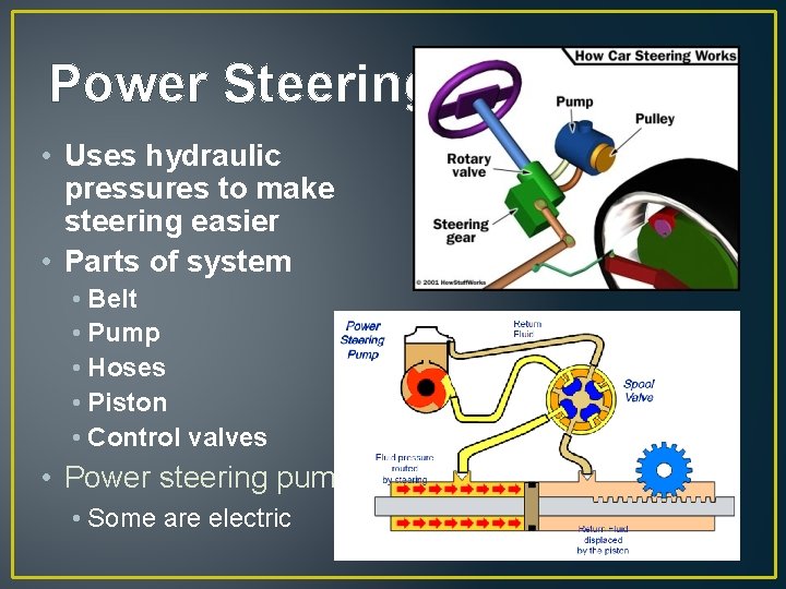 Power Steering • Uses hydraulic pressures to make steering easier • Parts of system