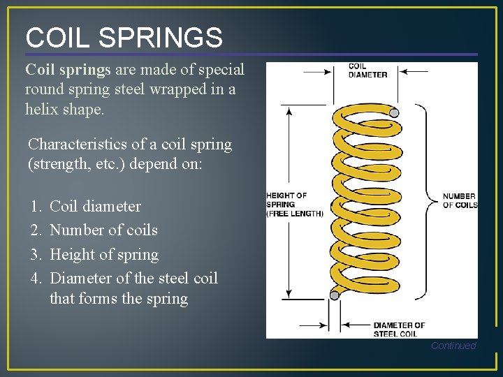 COIL SPRINGS Coil springs are made of special round spring steel wrapped in a