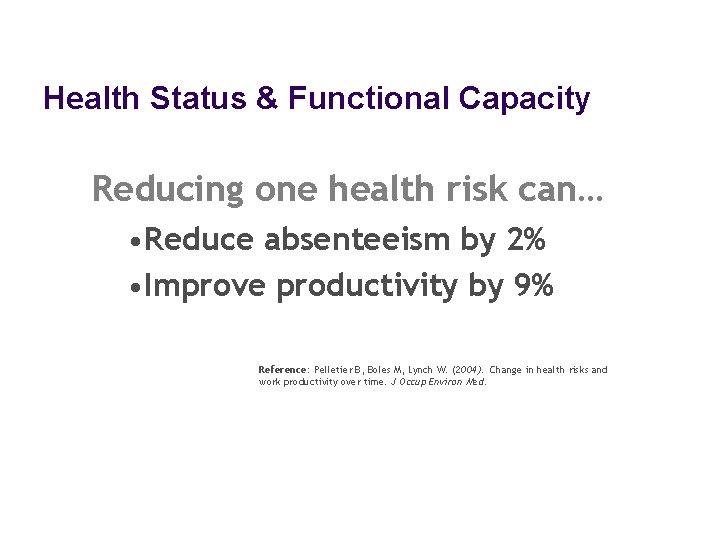 Health Status & Functional Capacity Reducing one health risk can… • Reduce absenteeism by