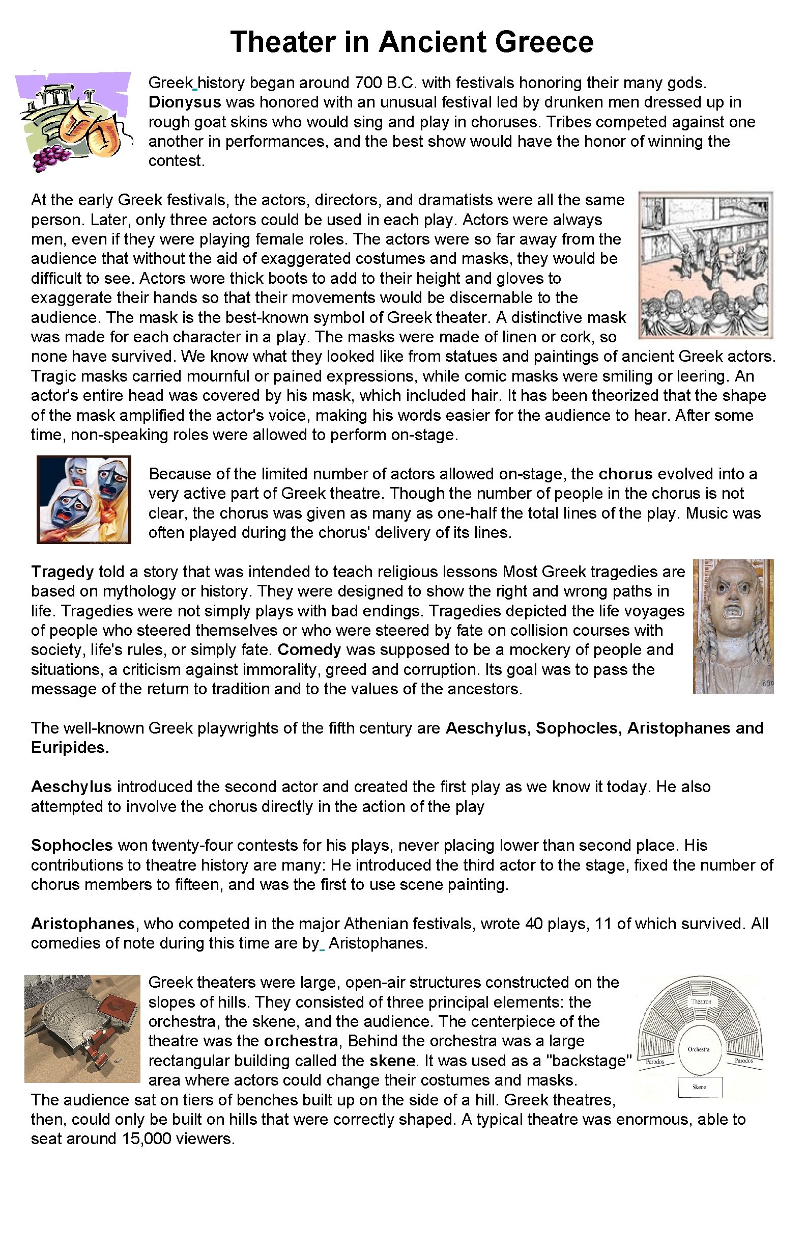 Theater in Ancient Greece Greek history began around 700 B. C. with festivals honoring