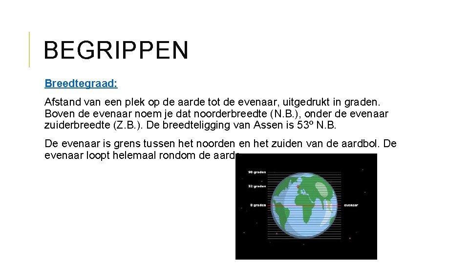 BEGRIPPEN Breedtegraad: Afstand van een plek op de aarde tot de evenaar, uitgedrukt in