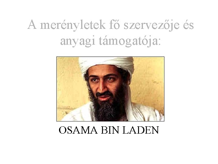 A merényletek fő szervezője és anyagi támogatója: OSAMA BIN LADEN 