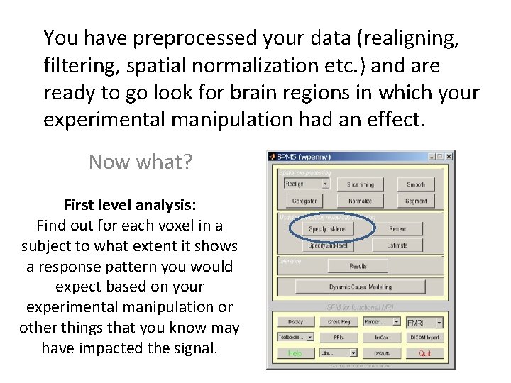 You have preprocessed your data (realigning, filtering, spatial normalization etc. ) and are ready