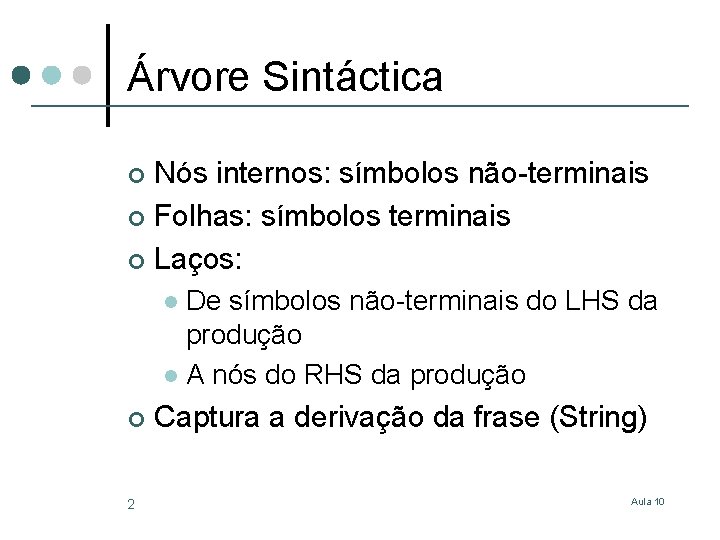 Árvore Sintáctica Nós internos: símbolos não-terminais ¢ Folhas: símbolos terminais ¢ Laços: ¢ De