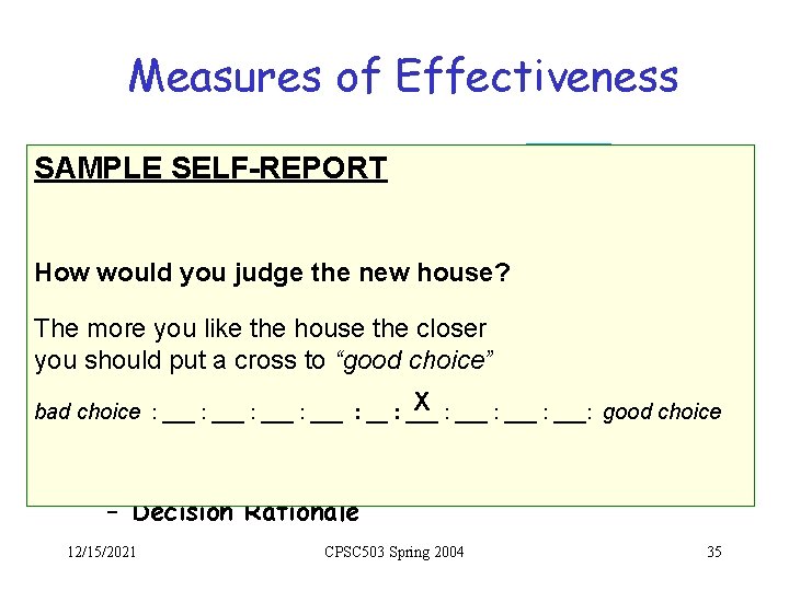 Measures of Effectiveness • Behavior and Attitude change SAMPLE SELF-REPORT – Record of user