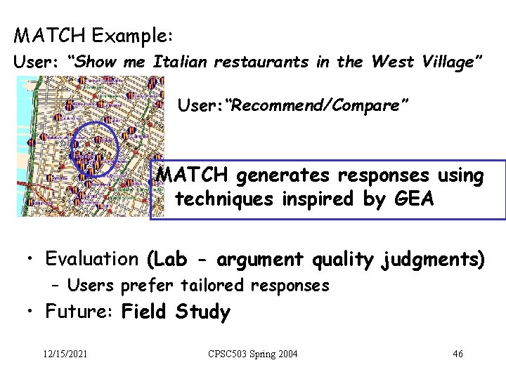 MATCH Example: User: “Show me Italian restaurants in the West Village” User: “Recommend/Compare” MATCH