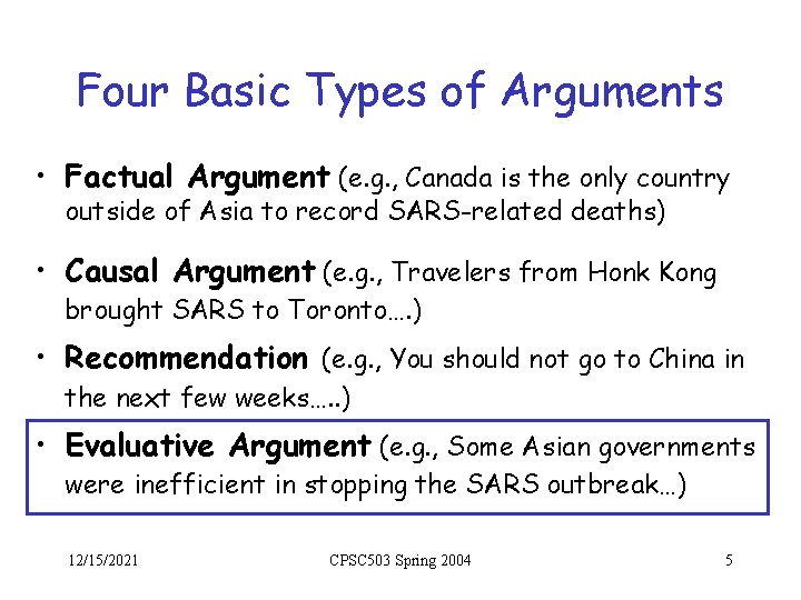 Four Basic Types of Arguments • Factual Argument (e. g. , Canada is the