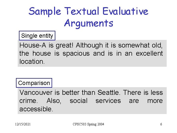 Sample Textual Evaluative Arguments Single entity House-A is great! Although it is somewhat old,