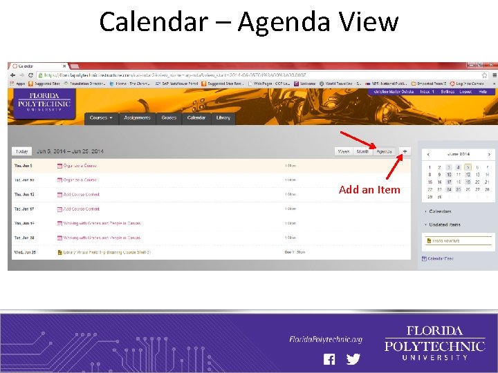 Calendar – Agenda View Add an Item 