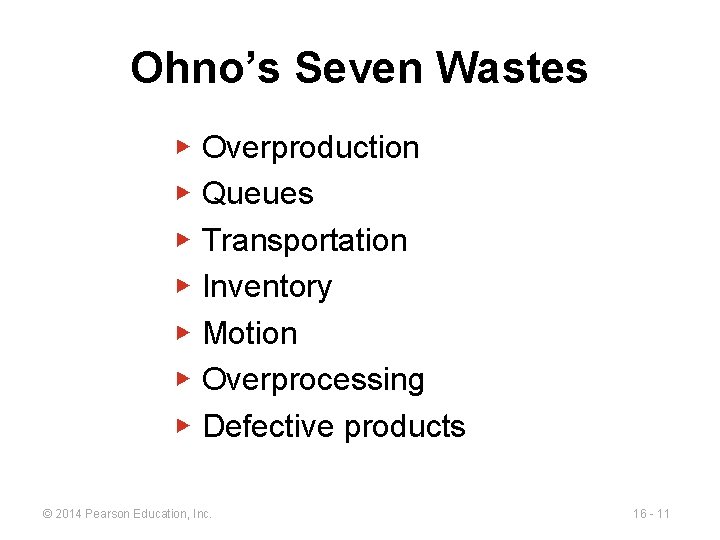 Ohno’s Seven Wastes ▶ ▶ ▶ ▶ Overproduction Queues Transportation Inventory Motion Overprocessing Defective