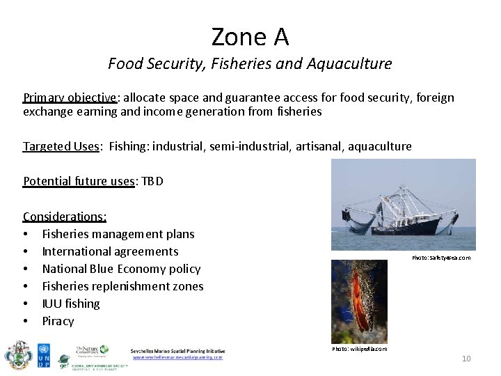 Zone A Food Security, Fisheries and Aquaculture Primary objective: allocate space and guarantee access