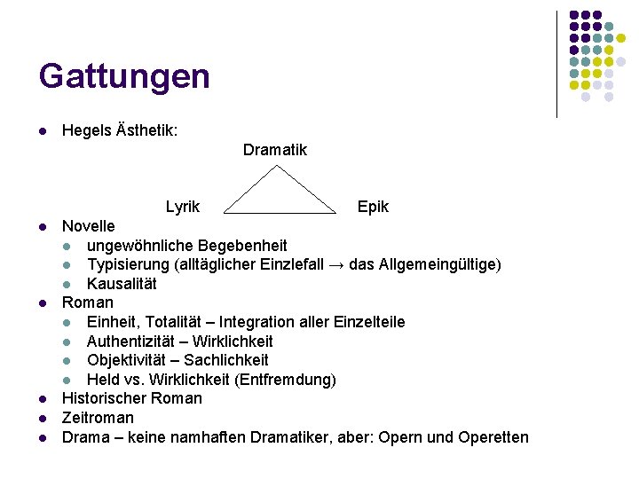 Gattungen l Hegels Ästhetik: Dramatik Lyrik l l l Epik Novelle l ungewöhnliche Begebenheit