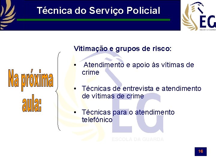 Técnica do Serviço Policial Vitimação e grupos de risco: • Atendimento e apoio às