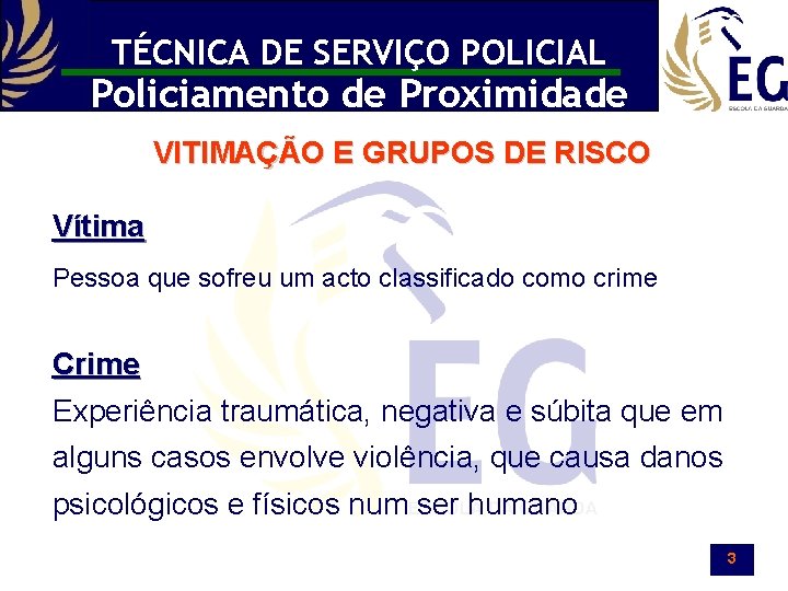TÉCNICA DE SERVIÇO POLICIAL Policiamento de Proximidade VITIMAÇÃO E GRUPOS DE RISCO Vítima Pessoa